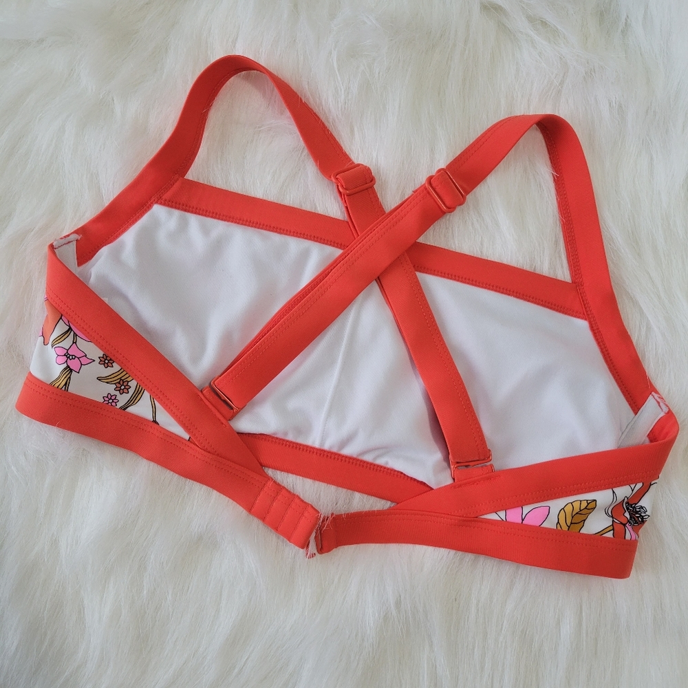 Xhilaration Boho Bikini Top Orange Vintage Flowers Cross Straps D/DD EUC - Picture 13 of 15